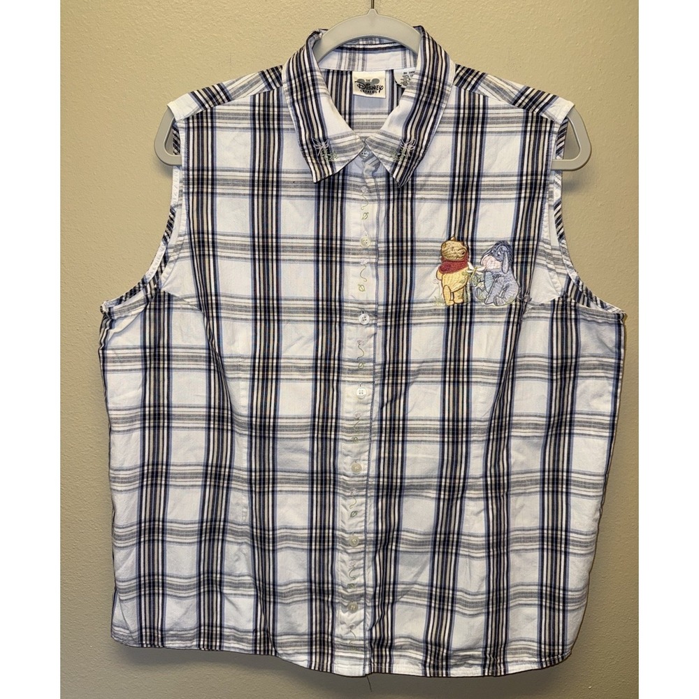 VTG Disney Catalog Top Button Up Winnie the Pooh & Eeyore Plaid Sleeveless XL